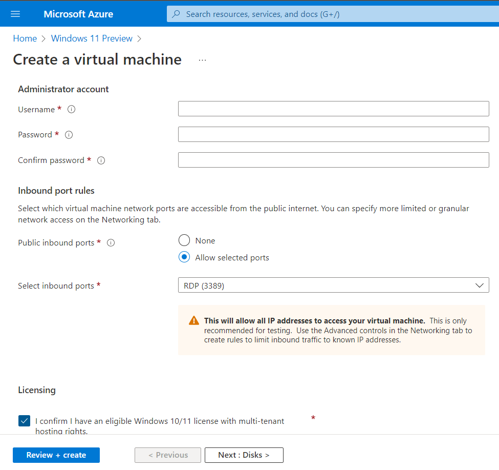 Second part of Windows 11 Preview wizard (same as Azure Virtual Machine wizard)